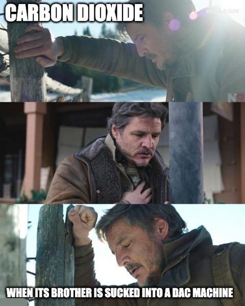 Three stills of a grieving man leaning against a post, labelled "CARBON DIOXIDE", captioned "When its brother is sucked into a DAC machine".