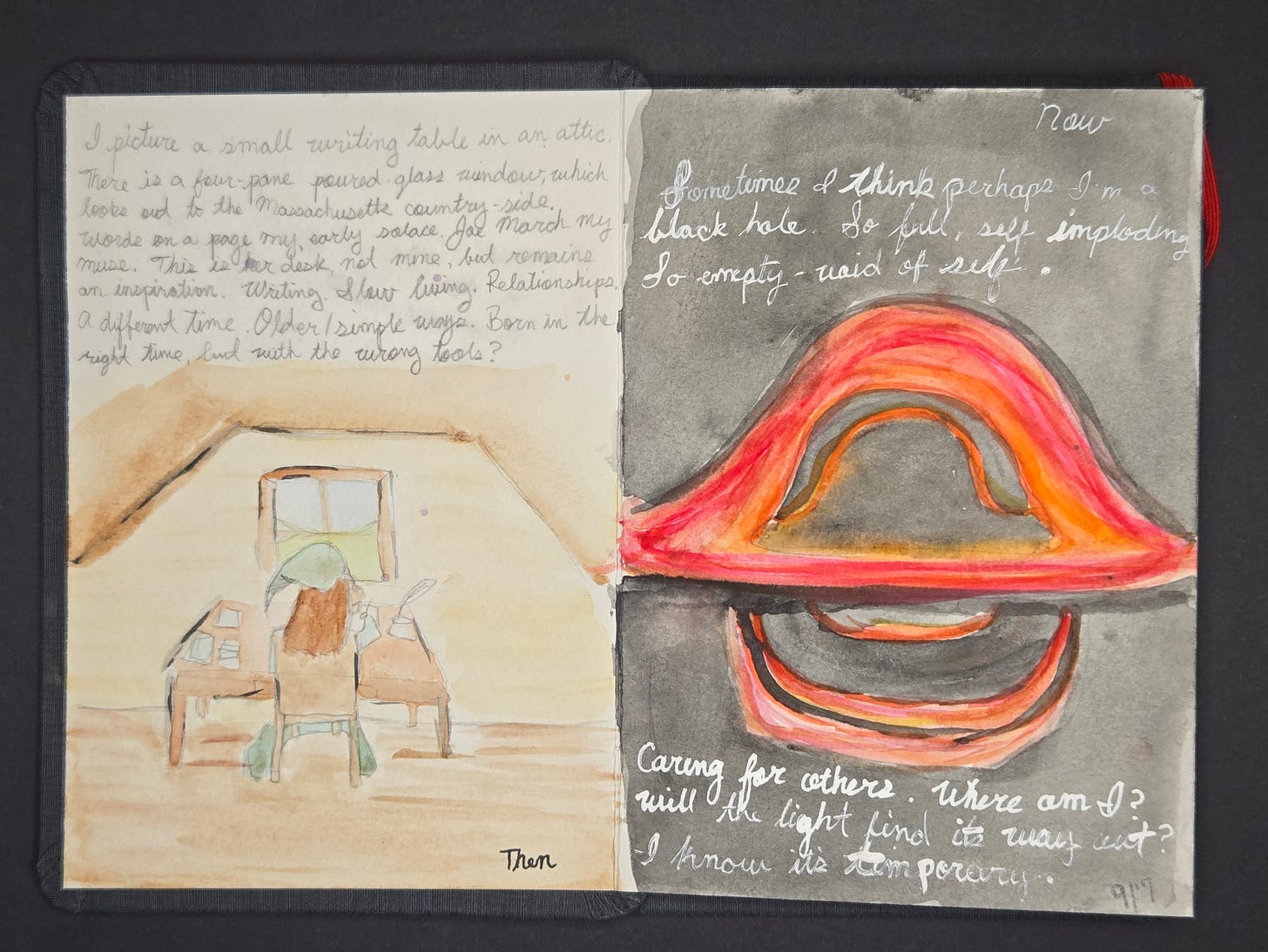 Watercolor sketchbook spread showing “Then and Now” comparison, with a child writing at a desk on the left and an abstract black hole painting on the right.
