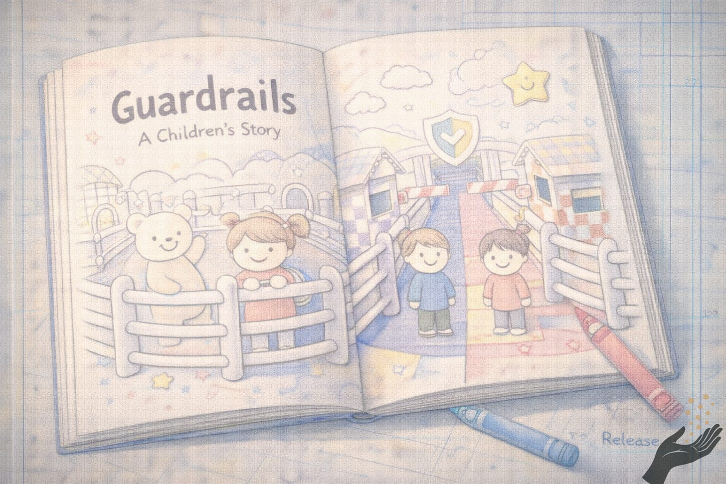 An open coloring book titled Guardrails: A Children’s Story shows cheerful drawings that also form fences and checkpoints, with crayons nearby and a faint blueprint beneath. An open coloring book titled Guardrails: A Children’s Story shows cheerful drawings that also form fences and checkpoints, with crayons nearby and a faint blueprint beneath.
