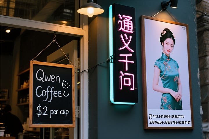A coffee shop entrance features a chalkboard sign reading "Qwen Coffee 😊 $2 per cup," with a neon light beside it displaying "通义千问". Next to it hangs a poster showing a beautiful Chinese woman, and beneath the poster is written "π≈3.1415926-53589793-23846264-33832795-02384197".
