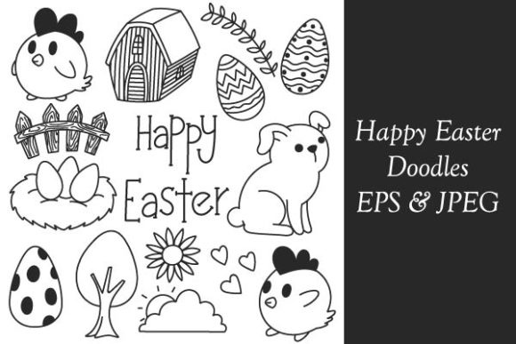 Happy Easter Black and White Doodles