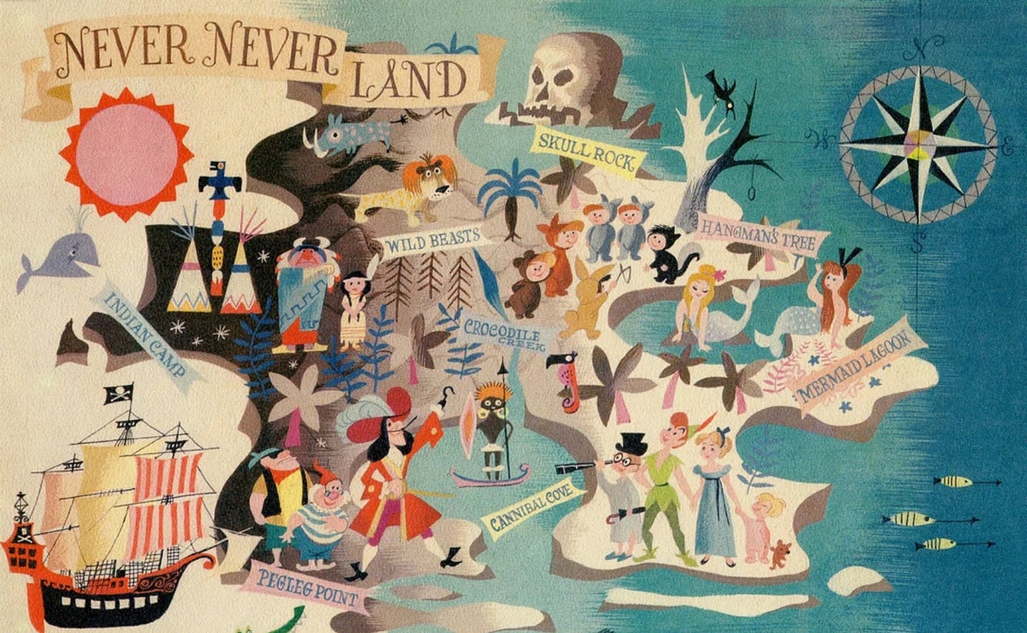colorful map of never never land showing skull rock, a pirate ship, captain hook, peter pan, wendy, and the rest of the crew