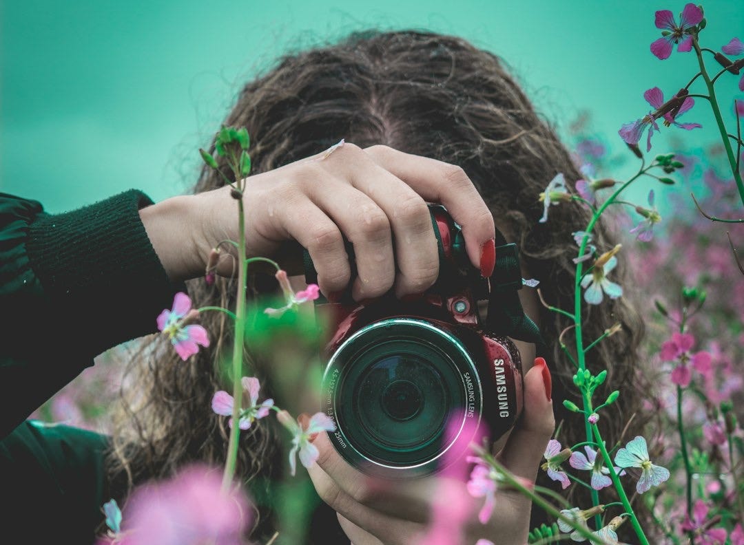 selective focus of woman behind pink flowers holding red Samsung bridge camera about to take photo of flower
