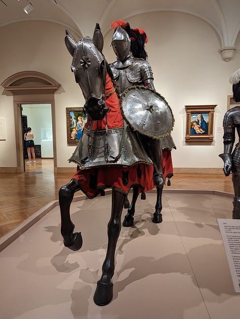 Armor for man and horse, steel and copper alloy with gilding, leather, and textile