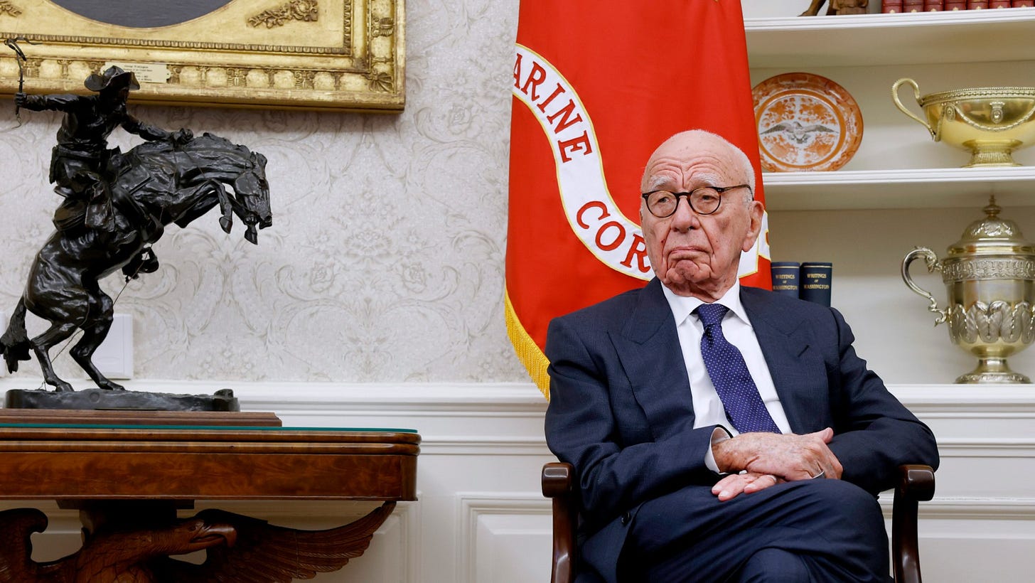 Rupert Murdoch listens as Donald Trump speaks to reporters in the Oval Office of the White House on February 3, 2025. Rupert Murdoch listens as Donald Trump speaks to reporters in the Oval Office of the White House on February 3, 2025.