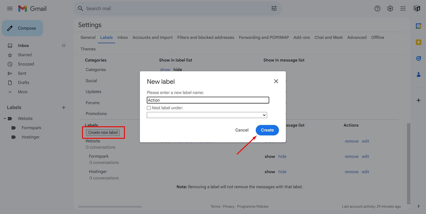 Screenshot of creating custom Gmail label Screenshot of creating custom Gmail label