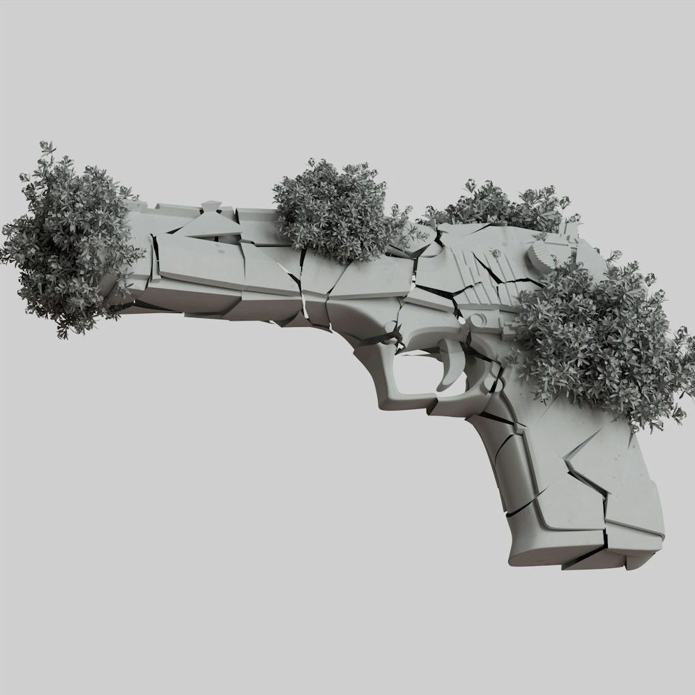 A cracked grey handgun covered in small green bushes against a light background