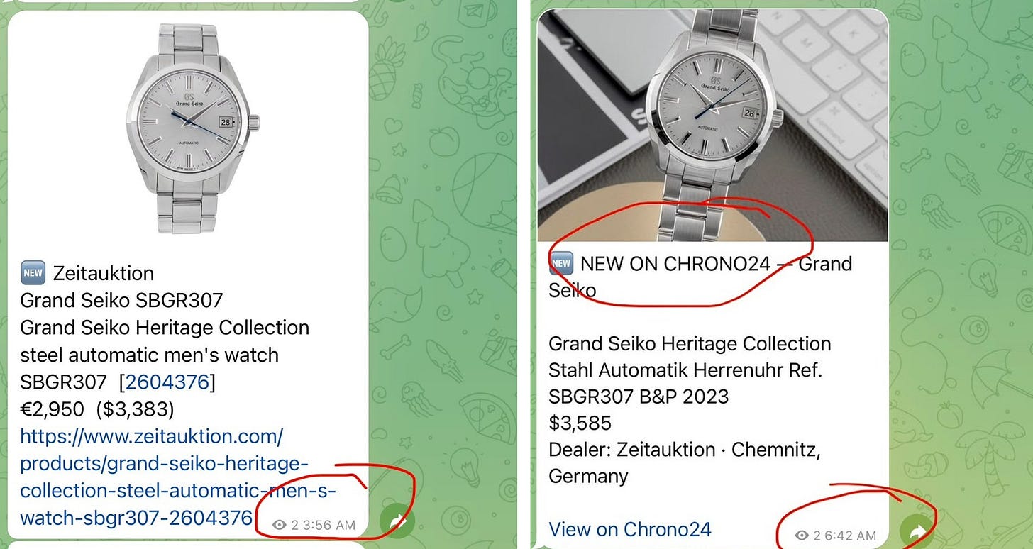Two alerts for the same Grand Seiko SBGR307 from dealer Zeitauktion, one from the dealer's own website at 3:56am priced ā¬2,950 and one from Chrono24 at 6:42am priced $3,585. Two alerts for the same Grand Seiko SBGR307 from dealer Zeitauktion, one from the dealer's own website at 3:56am priced ā¬2,950 and one from Chrono24 at 6:42am priced $3,585.