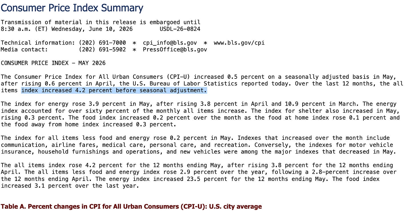 BLS Consumer Price Index Summary report showing CPI data for May 2026