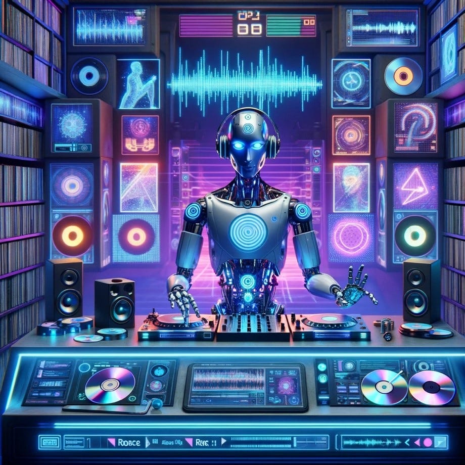 A futuristic AI DJ inside a DJ booth cluttered with CDs, vinyl records, and high-tech gadgets, counting down the emerging technology hits of 2024. The AI has a sleek, humanoid design with glowing circuits and a digital face displaying waveforms. The booth features a mix of retro and futuristic elements, including neon lights, holographic displays, and touchscreens showcasing tech-themed graphics. The atmosphere is lively and innovative, blending the nostalgia of physical music media with cutting-edge technology. The colors are vibrant with neon blues, purples, and futuristic accents. A futuristic AI DJ inside a DJ booth cluttered with CDs, vinyl records, and high-tech gadgets, counting down the emerging technology hits of 2024. The AI has a sleek, humanoid design with glowing circuits and a digital face displaying waveforms. The booth features a mix of retro and futuristic elements, including neon lights, holographic displays, and touchscreens showcasing tech-themed graphics. The atmosphere is lively and innovative, blending the nostalgia of physical music media with cutting-edge technology. The colors are vibrant with neon blues, purples, and futuristic accents.