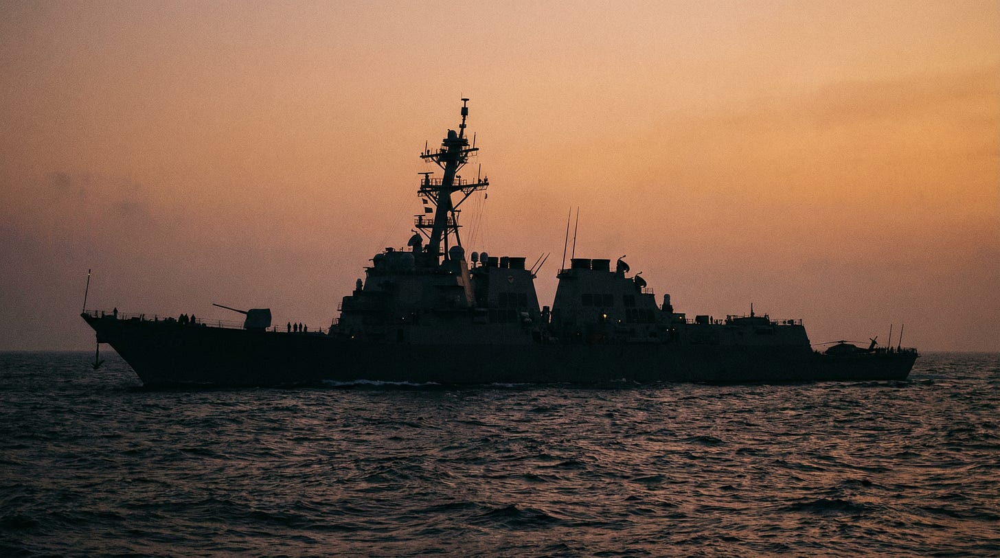 AI-generated illustration of the silhouette of U.S. Navy Destroyer ship sailing a calm sea against a gray-orange sky, symbolizing American "Peace through Strength.".