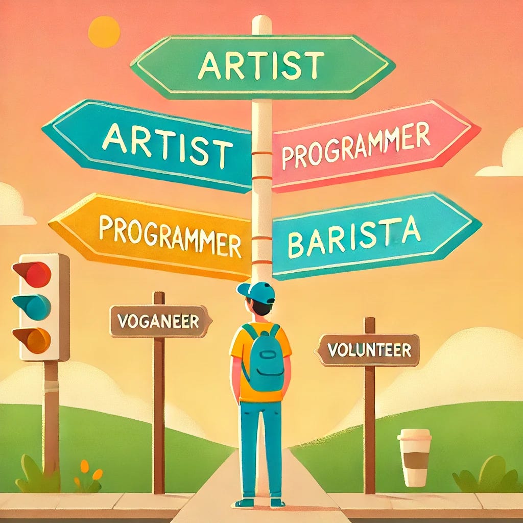 A cheerful semi-flat illustration of a teenager standing at a crossroads with multiple colorful signposts pointing in different directions labeled 'Artist', 'Programmer', 'Barista', and 'Volunteer'. The teen is standing in the center, looking at the signs with a hopeful expression. The scene uses pastel colors and has a warm, optimistic mood. The design is minimal and clean, with a simple background like soft hills or sky, making the figure and signposts the focal point. Ideal for an educational or motivational blog.