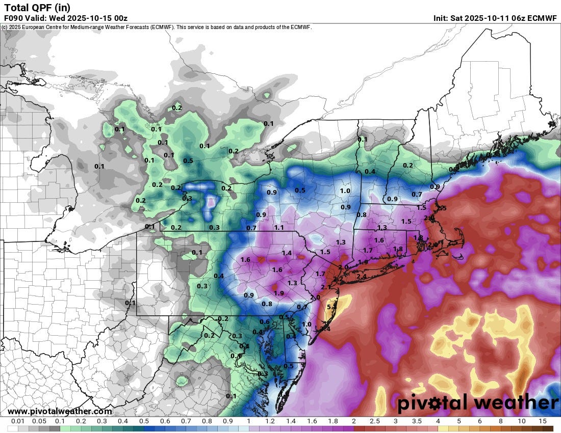 May be an image of map and text that says 'Total QPF F090 Valid: Wed 2025- 2025-10-15 10-15 202 European Centrefo Medium- ange Weather Forecasts ECMWF) This service based nda data atan zan dproducts fthe ECMWF Init: Sat 2025- InitSat2025-10-1106zECMWF 10-11 06z ECMWF 1.0 0.2 www.pivotalweather.com 0.01 0.05 0.1 0.2 0.3 0.4 0.5 0.6 0.7 0.8 0.9 (pivotal (piv#talweather weather 1.2 1.4 1.61.8 1.6 1.8 2 2.5 12141618225335 33545681015 10 3 33.5 3.5 5 6 8'