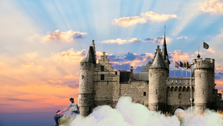 Two people climb to a castle in the sky Two people climb to a castle in the sky