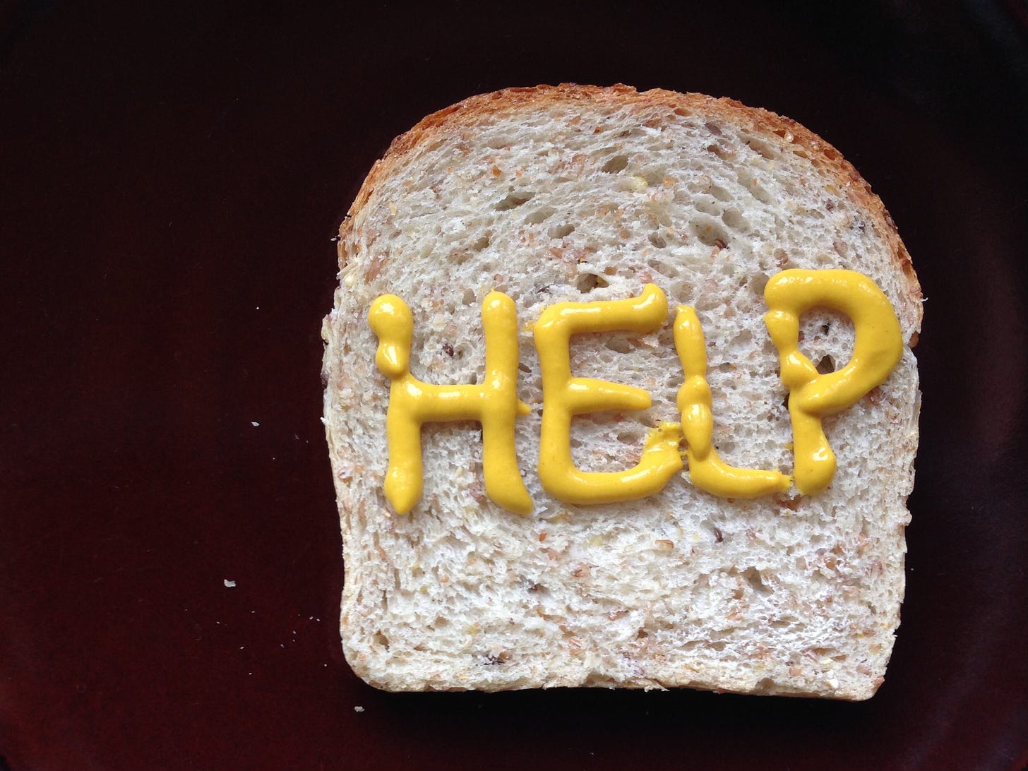 A piece of bread, the word HELP written in mustard.