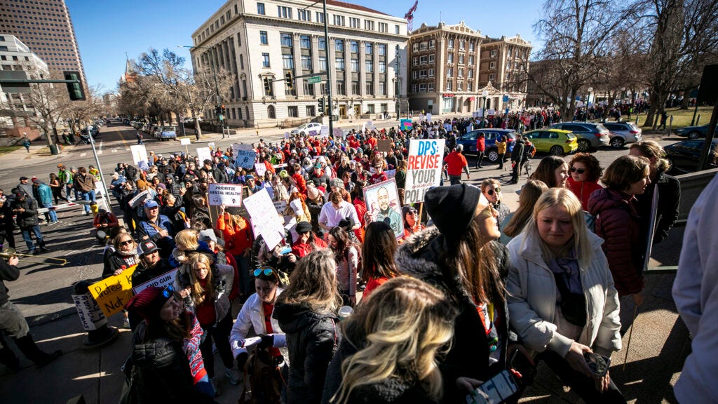 Denver Public Schools teachers, faculty and students march into the Colorado State Capitol as they protest gun violence and push for new laws to address the problem. March 24, 2023. Denver Public Schools teachers, faculty and students march into the Colorado State Capitol as they protest gun violence and push for new laws to address the problem. March 24, 2023.