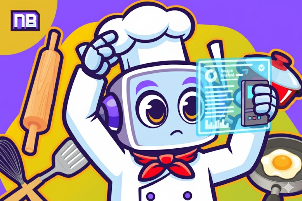 NeuralBuddy Chef Bytes adjusting toque while pulling up holographic recipe analysis