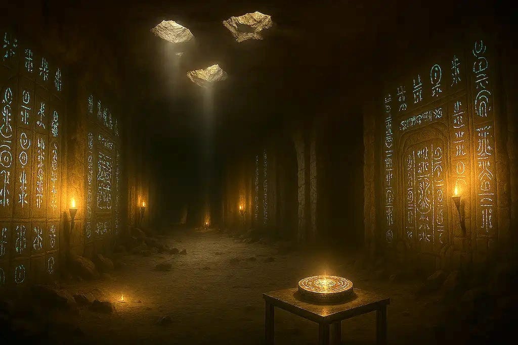 Câmara subterrânea esculpida em pedra, iluminada por tochas e feixes de luz natural, com paredes cobertas por glifos azul-turquesa brilhantes e um disco luminoso sobre uma mesa no centro da cena, em um ambiente vazio e misterioso.