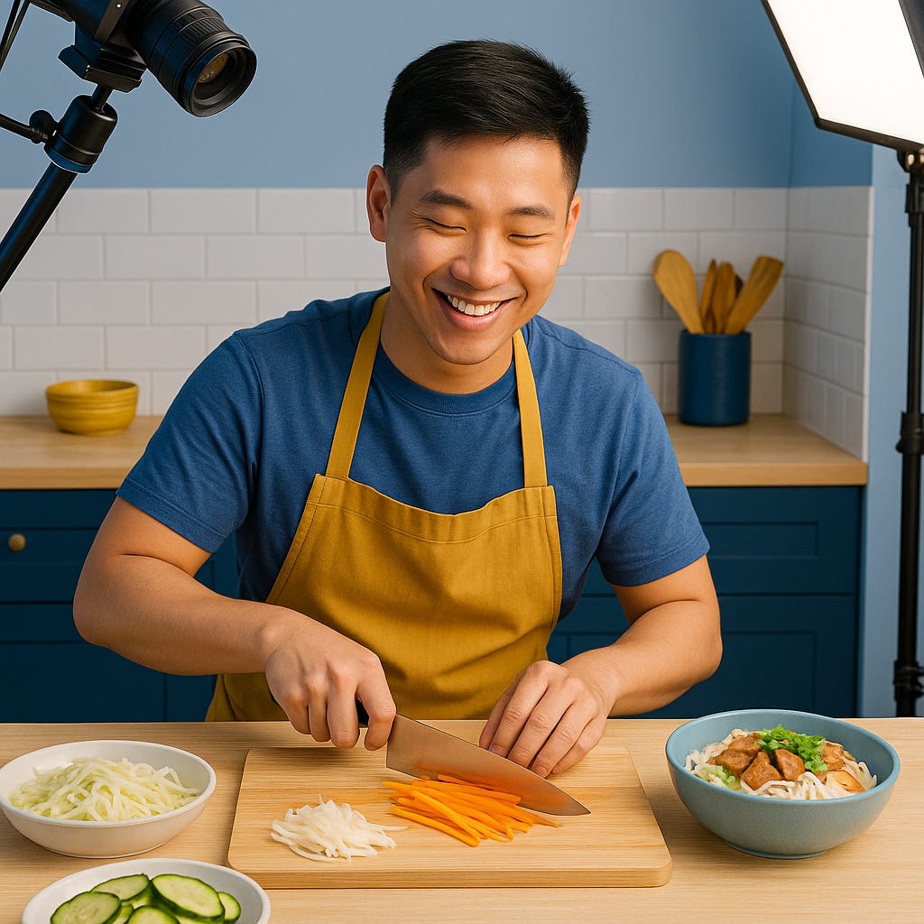 Smiling Vietnamese Zillennial creator Minh dices and juliennes vegetables in a bright kitchen with Blueberri blues and yellows, surrounded by a DSLR and studio lights, representing professional food content creation and storytelling. Smiling Vietnamese Zillennial creator Minh dices and juliennes vegetables in a bright kitchen with Blueberri blues and yellows, surrounded by a DSLR and studio lights, representing professional food content creation and storytelling.