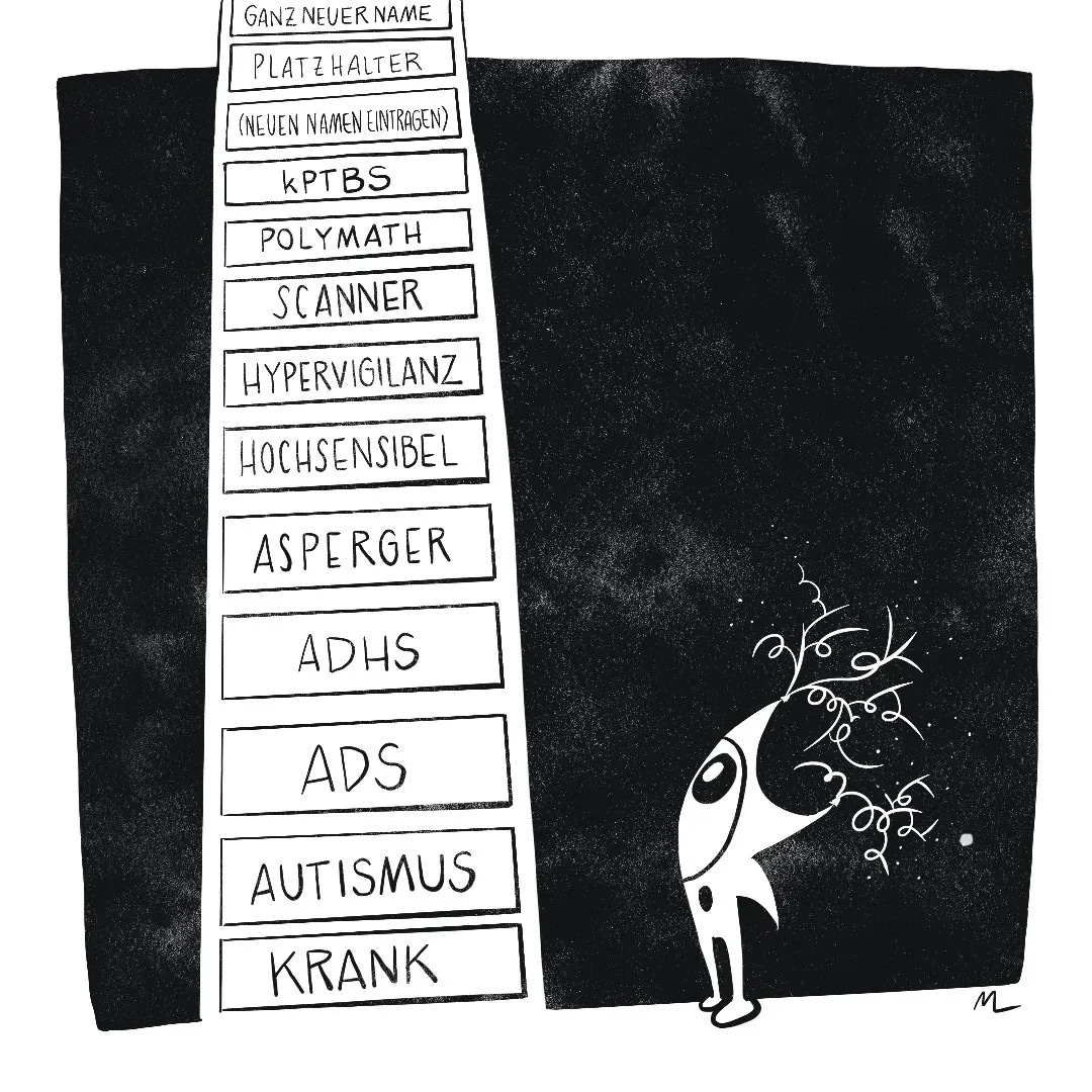 Ein süßes Neuron steht vor einem gewaltigen, überbordenden Schrank. Die ganzen Schubladen sind mit Begriffen aus dem Spektrum der Neurodivergenz bezeichnet – von "krank" über "Asperger" und "Hochsensibel" bishin zu "Platzhalter". Der Schrank ist so gewaltig, dass er in dem Bild gar nicht ganz abgebildet werden kann. Das Neuron schaut entsprechend bedröppelt. Ein süßes Neuron steht vor einem gewaltigen, überbordenden Schrank. Die ganzen Schubladen sind mit Begriffen aus dem Spektrum der Neurodivergenz bezeichnet – von "krank" über "Asperger" und "Hochsensibel" bishin zu "Platzhalter". Der Schrank ist so gewaltig, dass er in dem Bild gar nicht ganz abgebildet werden kann. Das Neuron schaut entsprechend bedröppelt.