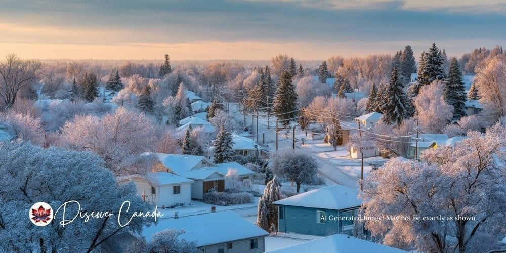 Fresh morning snow covering Canadian trees and rooftops at sunrise