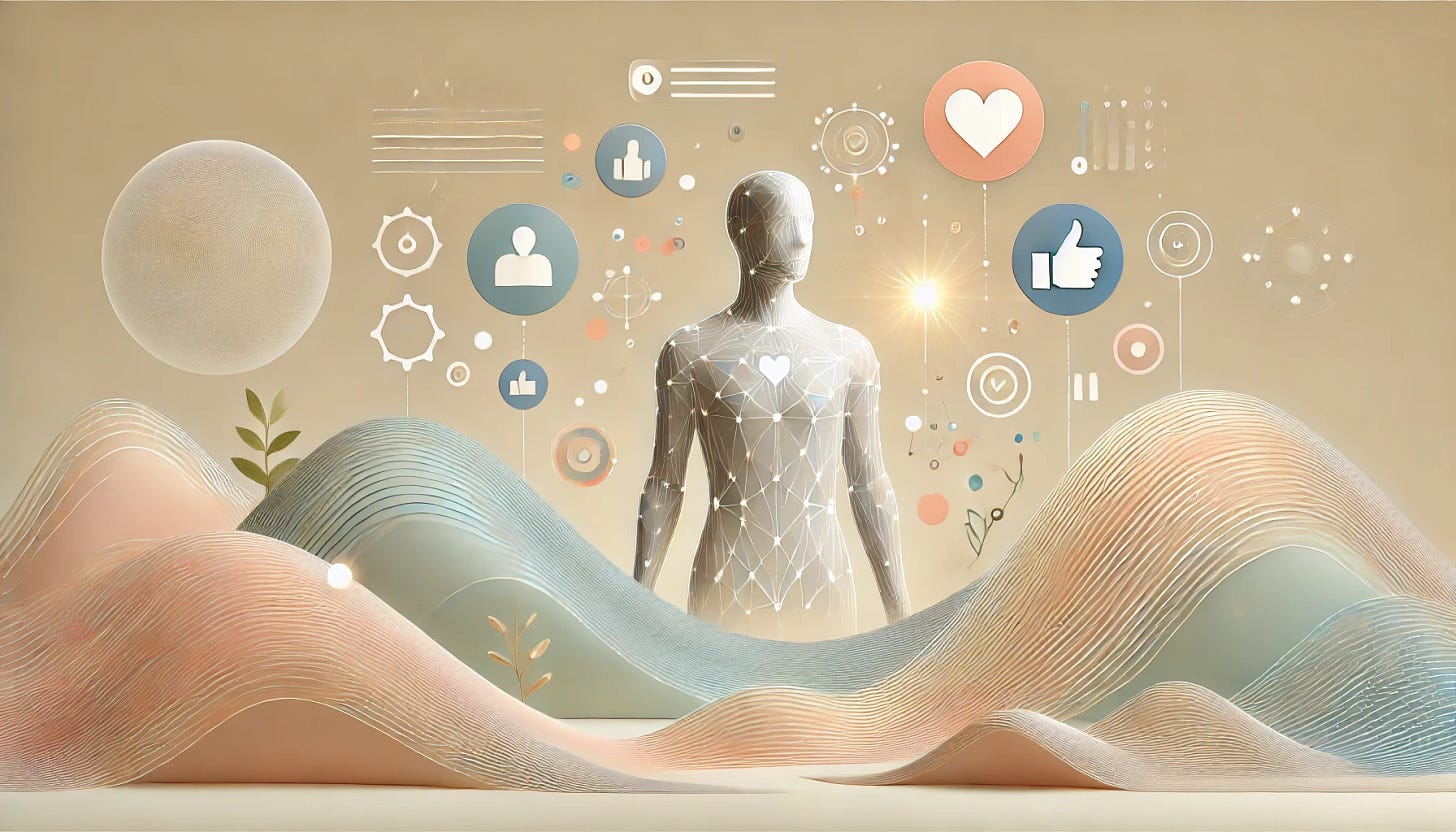 A minimalist digital artwork inspired by futuristic and serene design, but with a social media theme. It features a humanoid figure in the center, surrounded by abstract icons of likes, hearts, and notifications subtly integrated into flowing lines that form hills. The background features soft pastel gradients in light beige, blue, and peach. Geometric patterns like circles and lines symbolize connectivity and digital networks. The humanoid figure represents a digital user, with soft, glowing accents suggesting interaction in the digital world. The scene is clean and uncluttered, maintaining a calming, modern aesthetic.