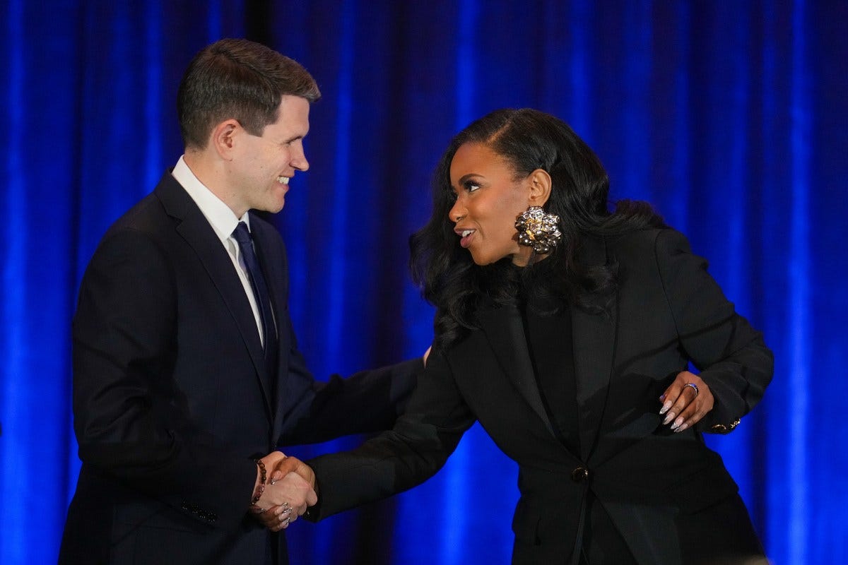 State Rep. James Talarico, left, and U.S. Rep. Jasmine Crockett, Democratic primary candidates for U.S. Senate, shake hands prior to a debate at the Texas AFL-CIO COPE Convention in Georgetown on Jan. 24, 2026. State Rep. James Talarico, left, and U.S. Rep. Jasmine Crockett, Democratic primary candidates for U.S. Senate, shake hands prior to a debate at the Texas AFL-CIO COPE Convention in Georgetown on Jan. 24, 2026.