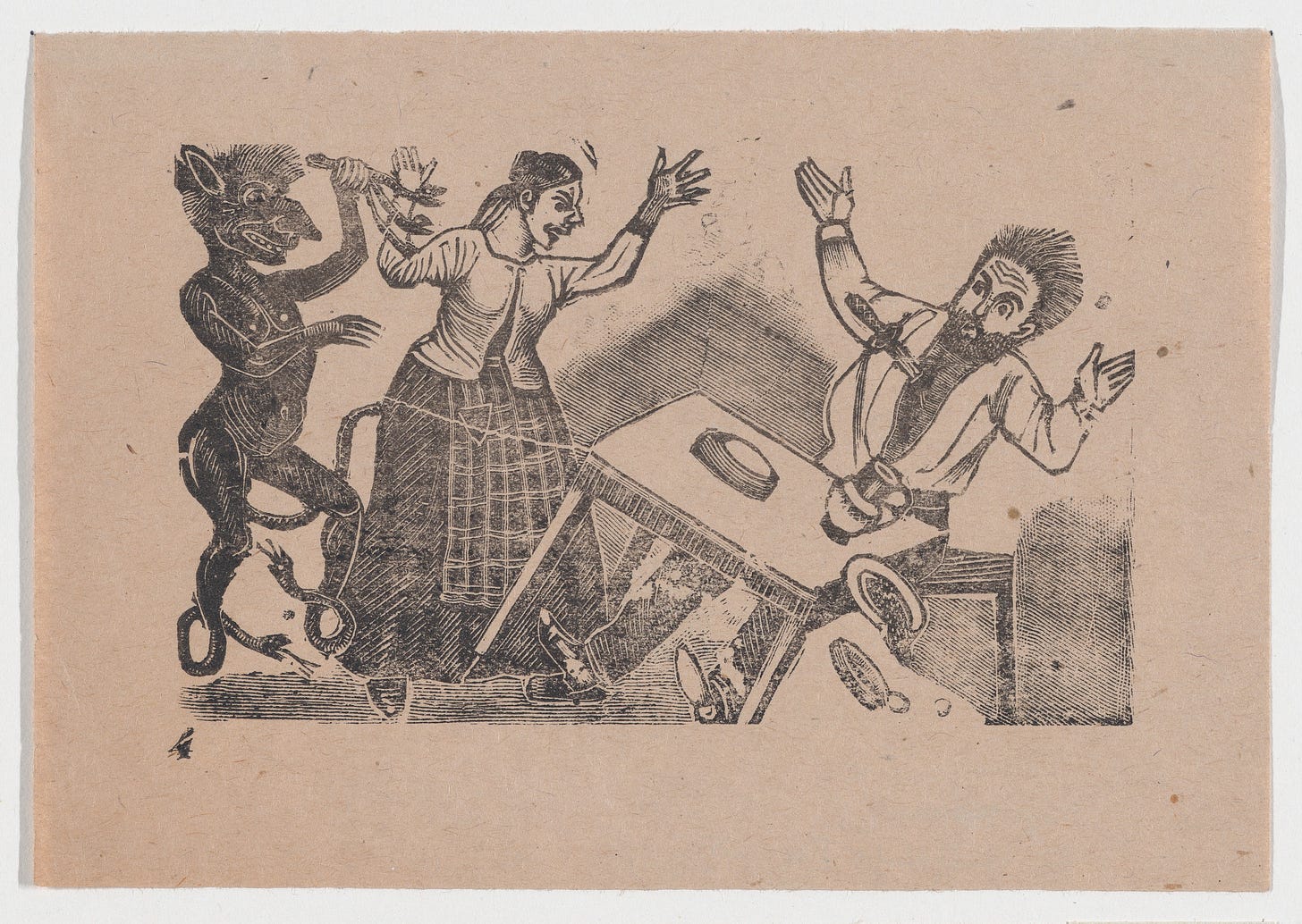 Type-metal engraving from the late 19th Century depicting the devil holding the arm of a woman who has thrown a knife into the chest of a man. The man is shown as having just been hit by the knife, falling out of his chair, and knocking a table down as he falls.
