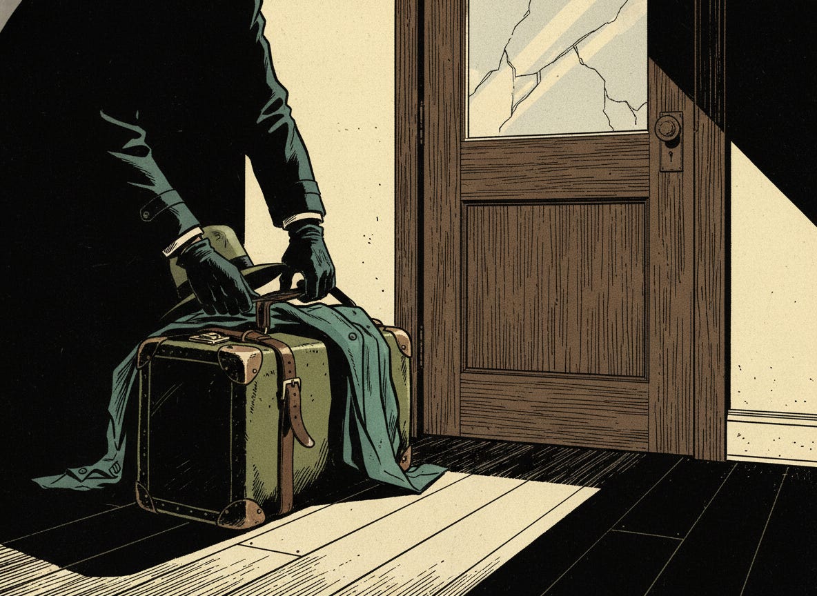 
The Packed Suitcase
The operator's bag sits by the door.



