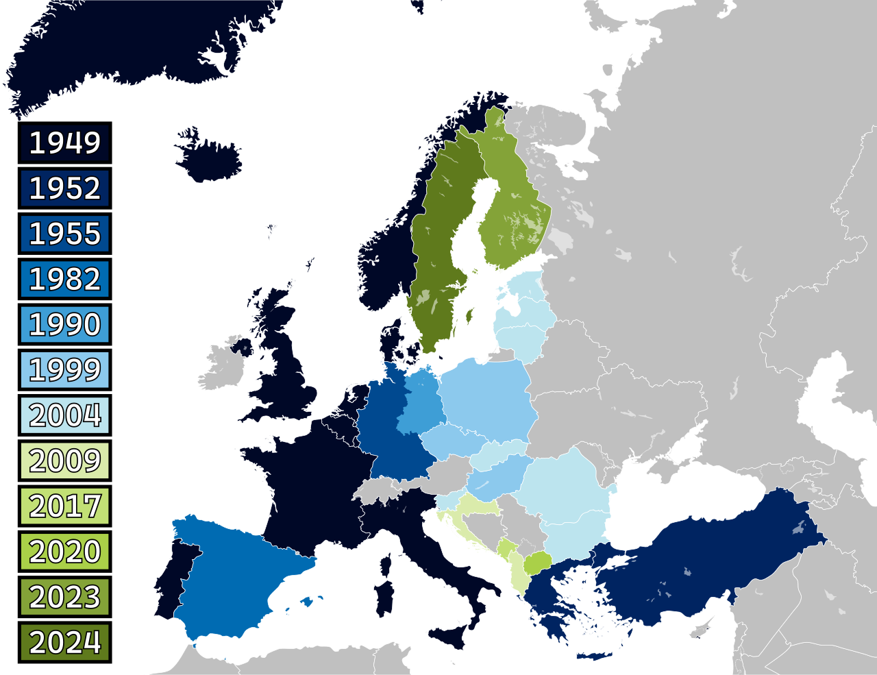 A map of Europe with countries labelled in shades of blue, green, and yellow based on when they joined NATO.