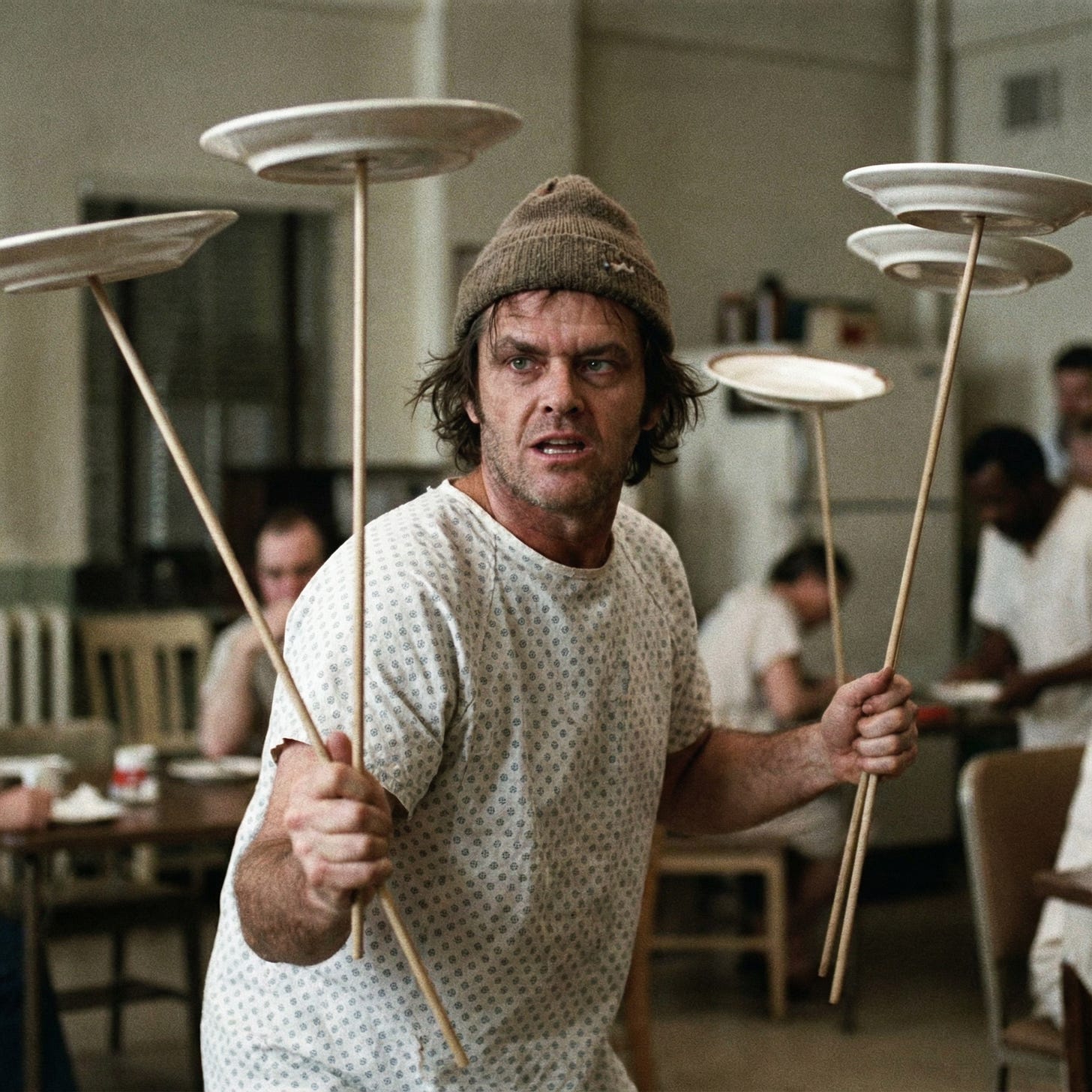 A man inspired by Jack Nicholson in Cuckoo's nest, looking unhinged and posessed, spinning plates 1 A man inspired by Jack Nicholson in Cuckoo's nest, looking unhinged and posessed, spinning plates 1
