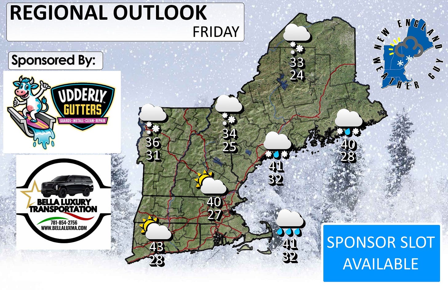May be an image of ‎campsite, map and ‎text that says '‎REGIONAL OUTLOOK FRIDAY Sponsored By: 33 24 UDDERLY GUTTERS GUARIS- MSTALI-CLEAN -BEPAIR EPAIR E cmaoлaH ENG ن HER 36 31 34 25 BELLALUXURY LUXU BELLA TRANSP TRANSPORTATION RTATION 40 28 41 32 781-854-275 WWW.BELLALUXMA.COM 40 27 4B 28 發 SPONSOR SLOT AVAILABLE‎'‎‎