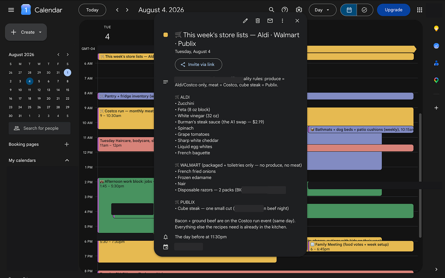The Visible Practitioner grocery system screenshot for August 2026. A shared Google Calendar event showing store-by-store shopping lists for Aldi, Walmart, and Publix, representing a week of groceries sorted by the cheapest store. The Visible Practitioner grocery system screenshot for August 2026. A shared Google Calendar event showing store-by-store shopping lists for Aldi, Walmart, and Publix, representing a week of groceries sorted by the cheapest store.