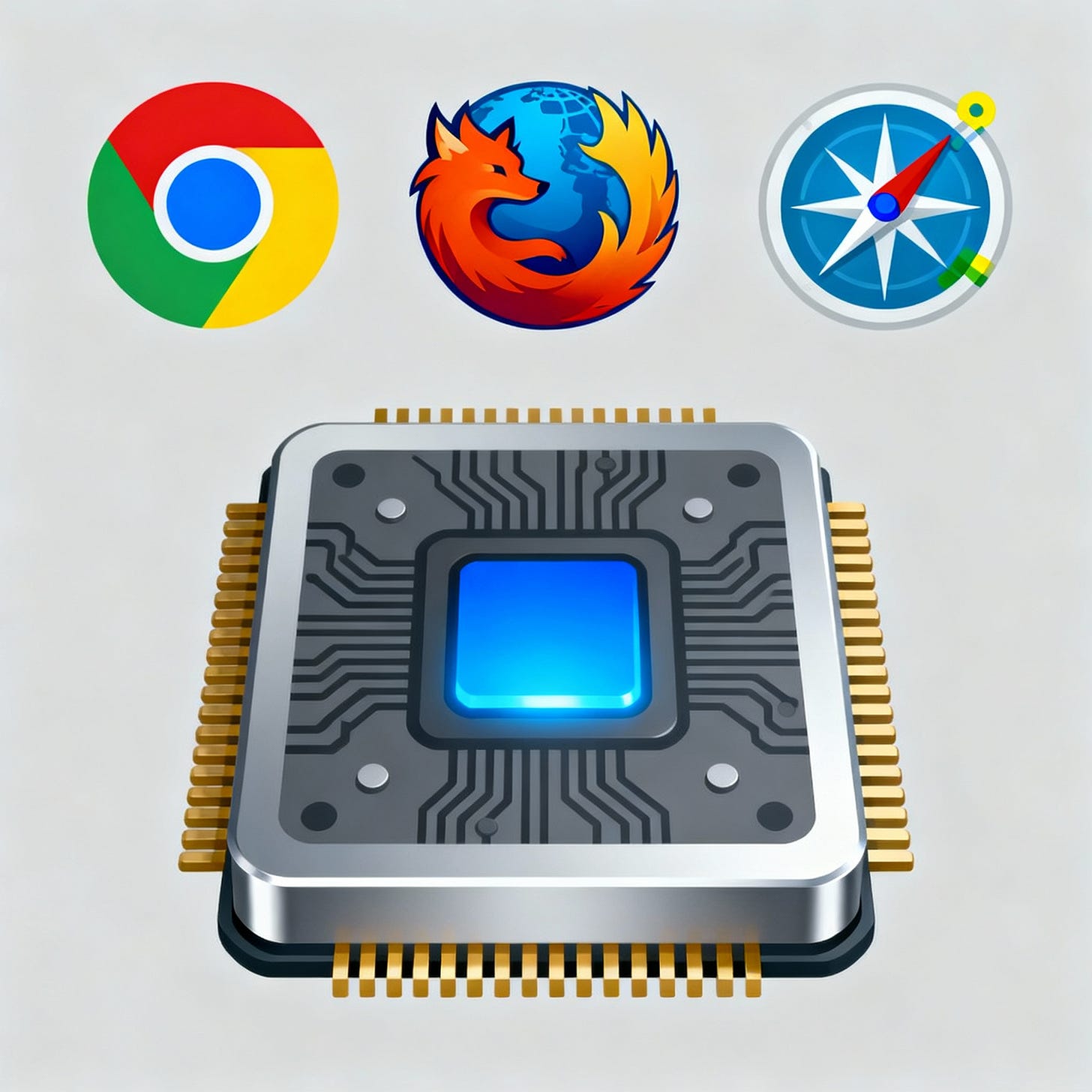 Logos of Chrome, Firefox, and Safari with GPU chip