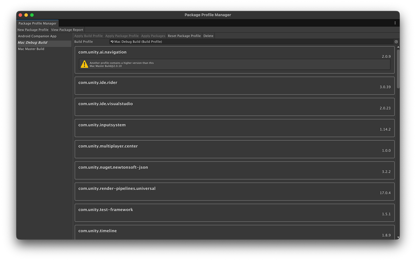 A screenshot showing the Profile Manager view from the Package Profiles asset
