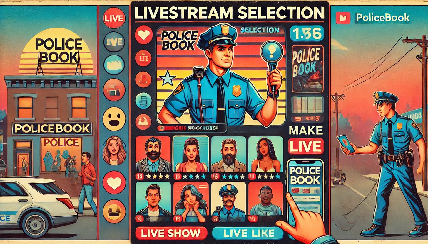 A retrofuturist poster illustration featuring a landing page for a livestream selection app called PoliceBook. The page displays various live shows, including one with a social media influencer wearing a police hat conducting an interrogation scene. The UI includes elements such as thumbnails for each live show, engagement metrics like views and likes, and a colorful, stylized design. The background is more abstract, and the characters are all happier and more casually dressed. The overall aesthetic blends retro and futuristic elements, emphasizing a friendly and engaging atmosphere. Make the scene more hip and pop, with vibrant, bold colors and lively, playful expressions.