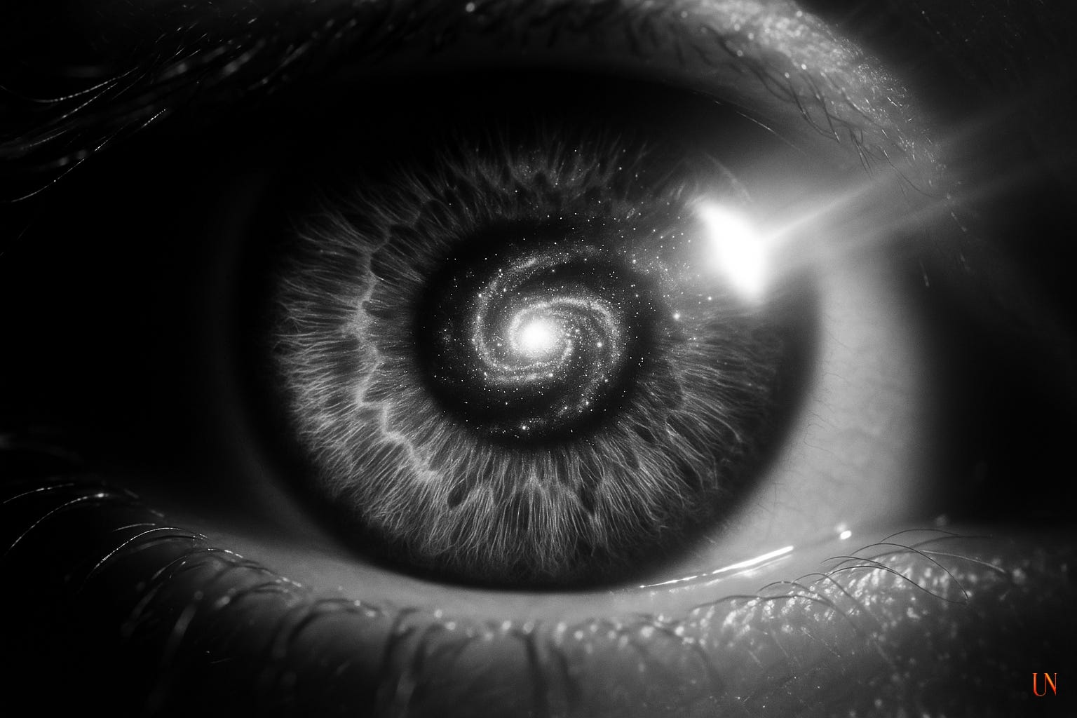 A hyper-realistic black-and-white close-up of a human eye whose iris forms a luminous spiral galaxy, symbolizing introspection, perception, and the vast stillness within.