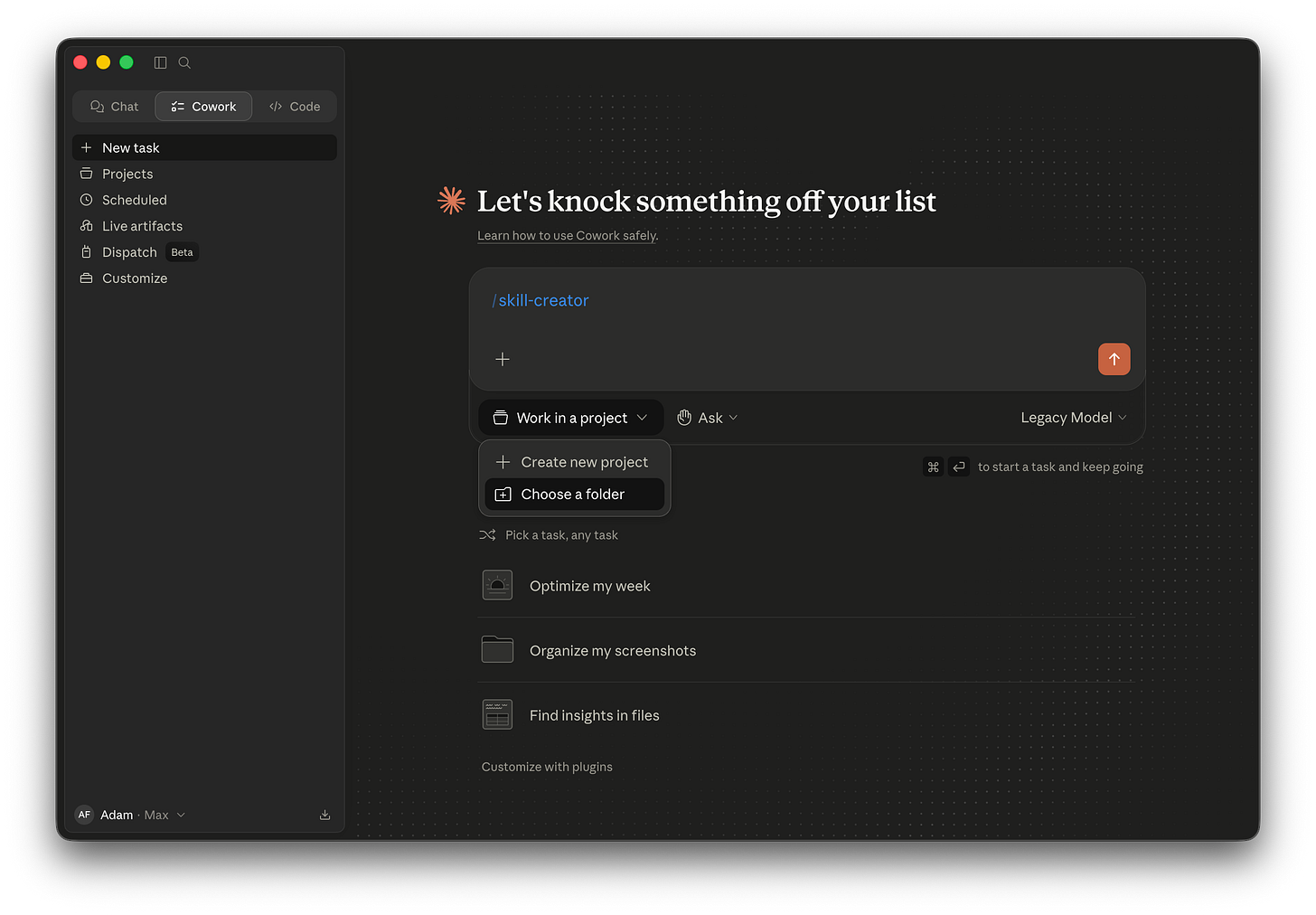 The Cowork home screen with the “Work in a project” dropdown open, showing two options: “Create new project” and “Choose a folder”.