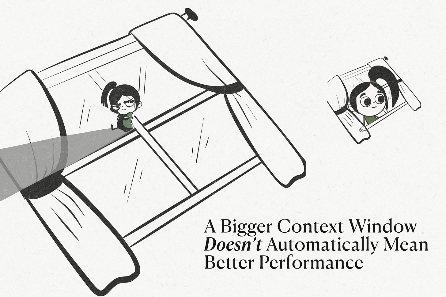 Hand-drawn illustration of a tiny grumpy character dwarfed by a massive oversized window with heavy curtains and a faint spotlight, next to a cheerful character smiling out of a small cozy window — visualizing why a bigger LLM context window doesn't automatically mean better AI performance, and why smaller, focused context often beats million-token windows.