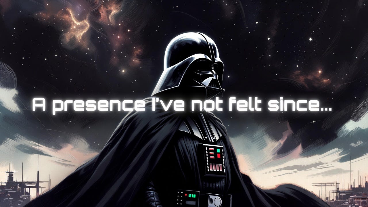 A surreal digital illustration of Darth Vader in a starry, futuristic scene with contemplative text.