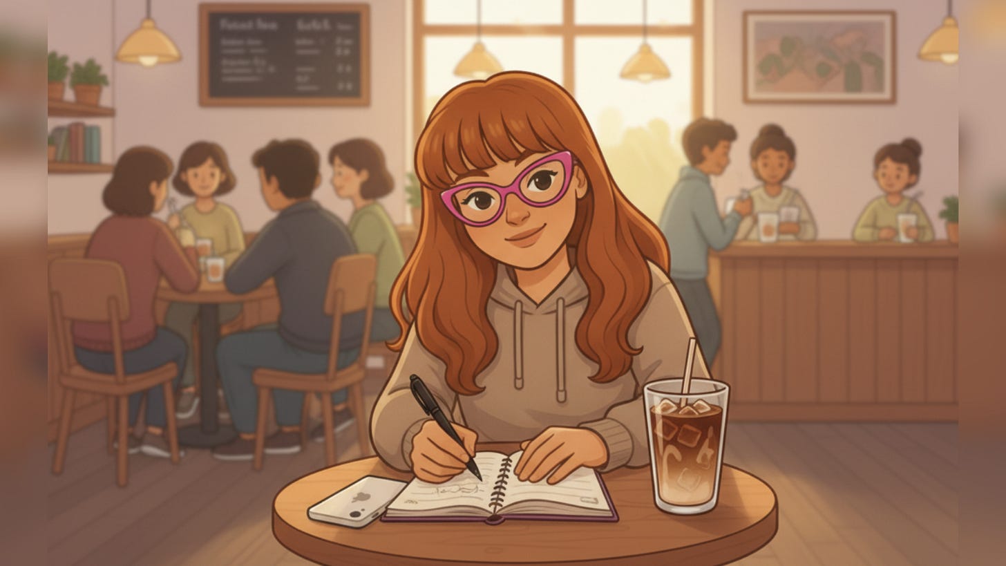 a cartoon of TechTiff sitting at a cafe and writing in her journal while she enjoys her morning coffee.