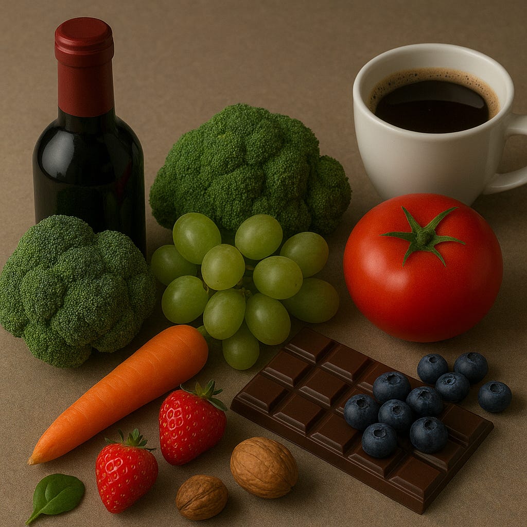 Gathered fruits, vegetables, wine, coffee, and chocolate.