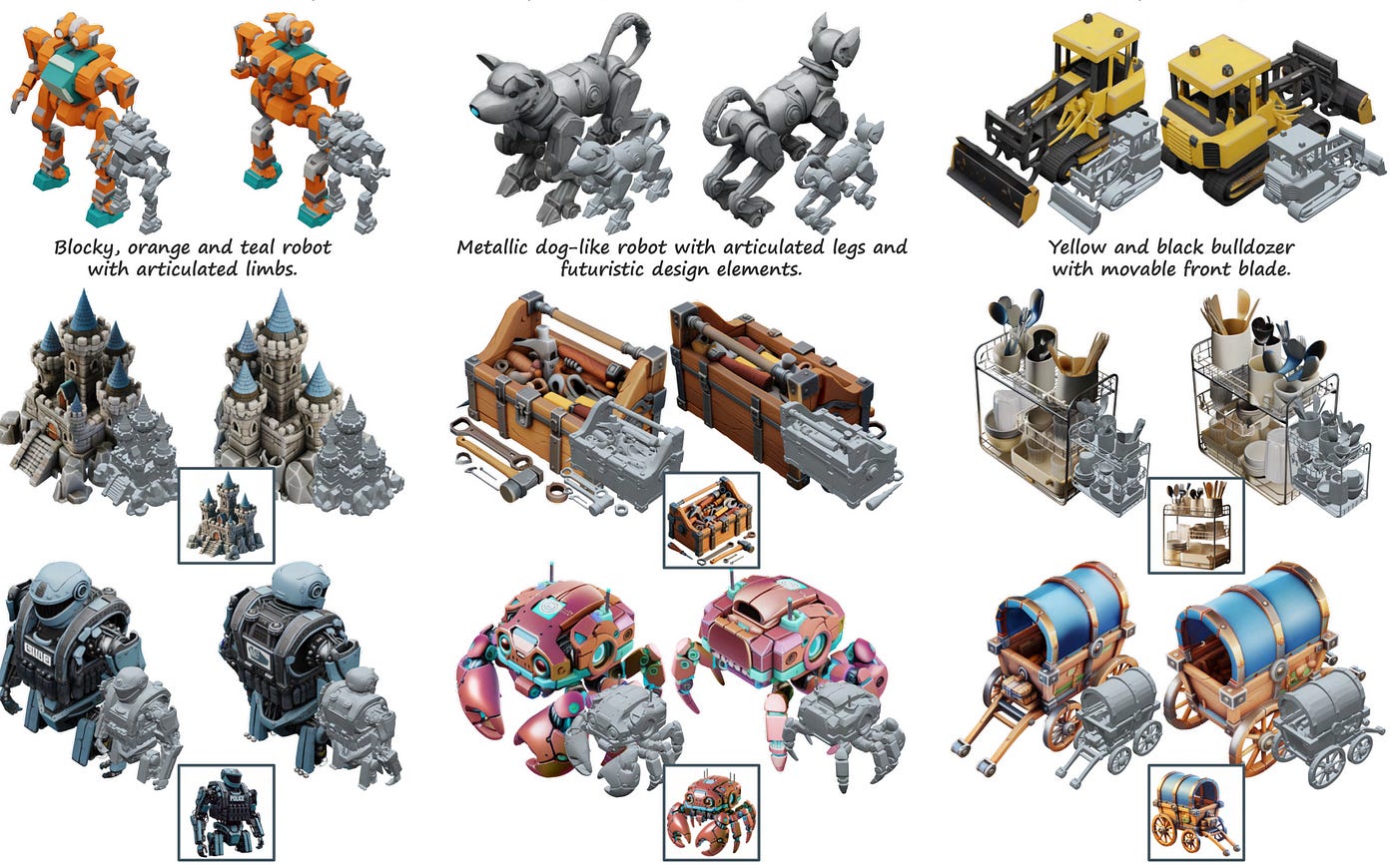 Trellis can convert this SLAT representation into various 3D model formats, like: 3D Gaussians Radiance Fields Meshes Check out these high-quality examples: Trellis can convert this SLAT representation into various 3D model formats, like: 3D Gaussians Radiance Fields Meshes Check out these high-quality examples: