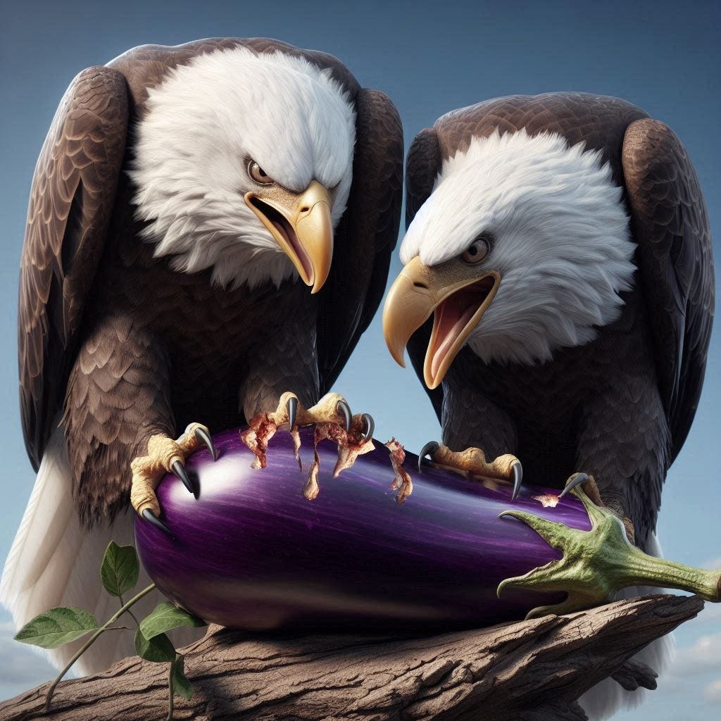 eagles eating eggplant photorealistic