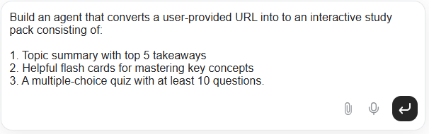 Screenshot of Genspark Custom Super Agent prompt to create a reusable agent that turns any URL into a study pack with summaries, flash cards, and a quiz