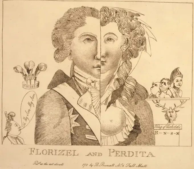An etching of the future George IV and his mistress Mary Robinson as Florizel and Perdita from Shakespeare's The Winter's Tale