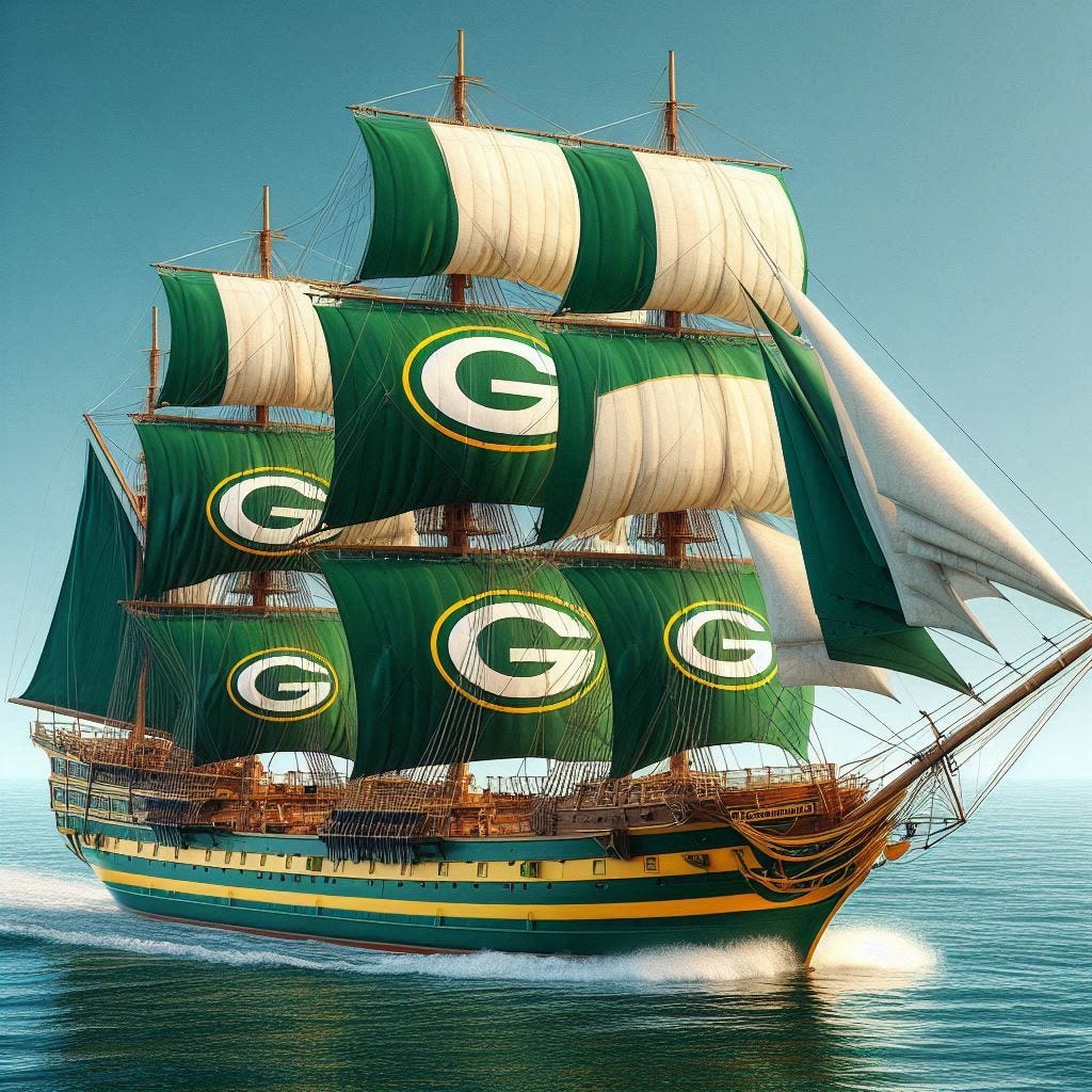 green bay packers sailing ship photorealistic