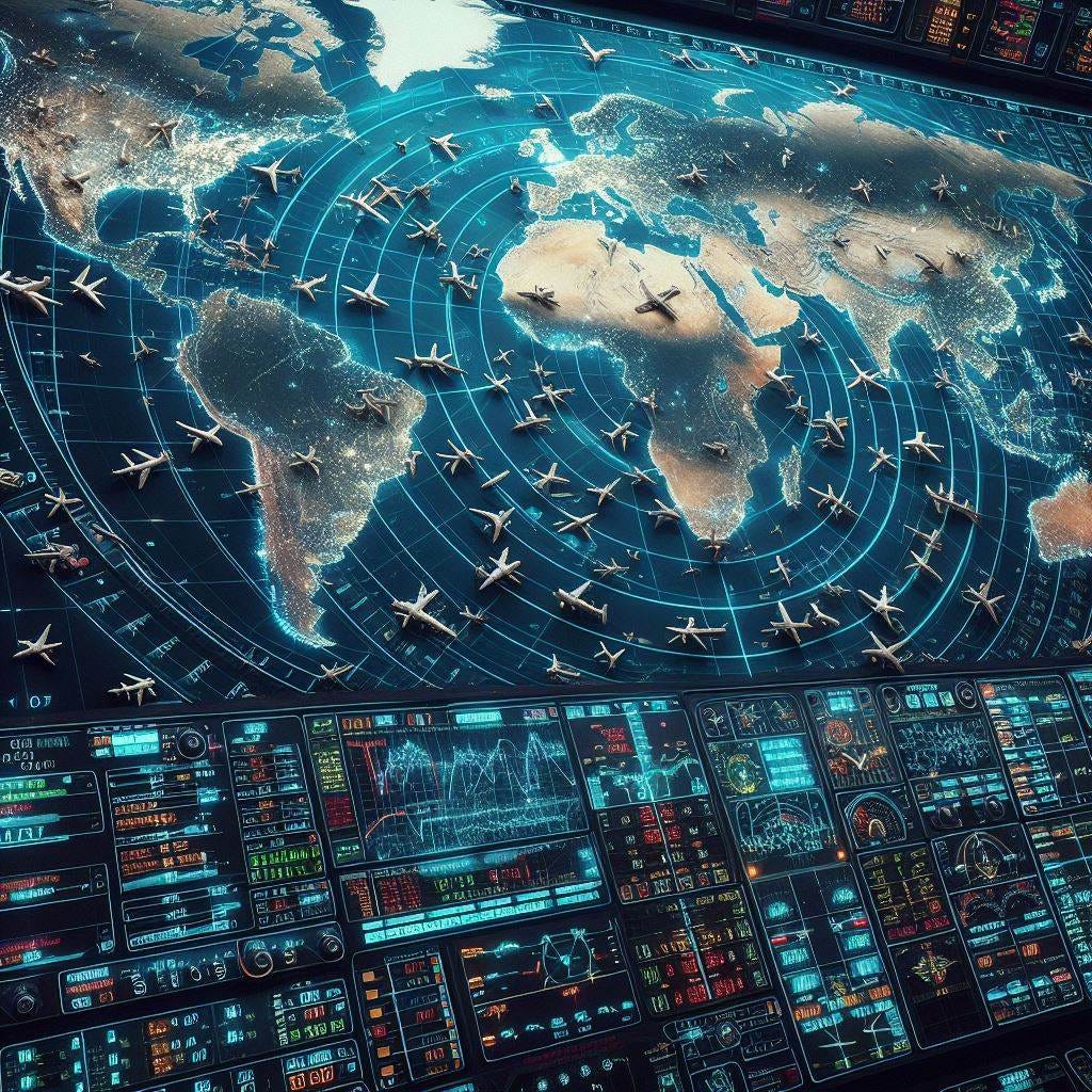an air traffic control radar screen with hundreds of aircraft on it