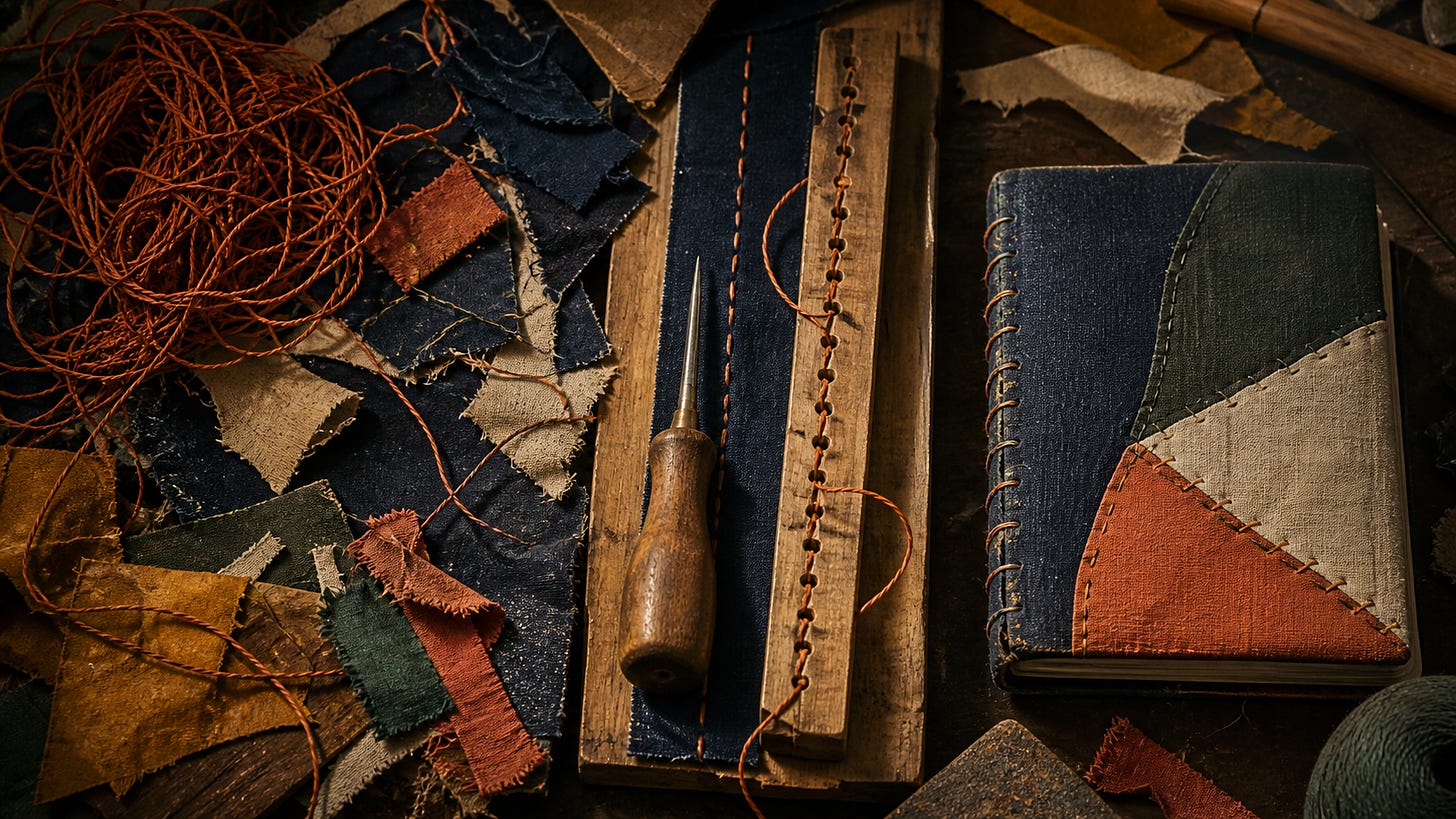 Patchwork fabric pieces, thread, stitching tools and a handmade blue and green notebook on a workbench