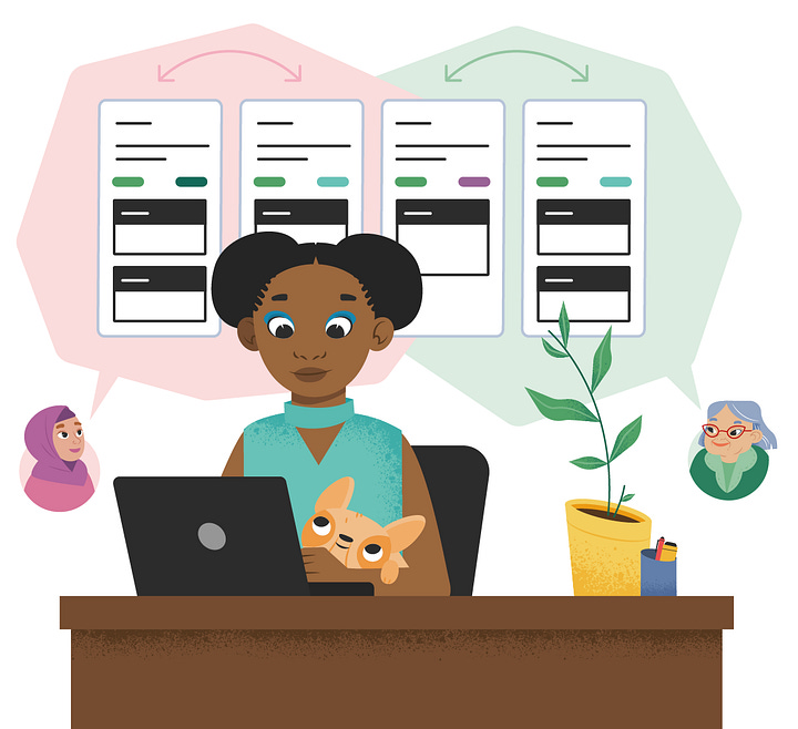 Illustrations of characters using a collaborative writing app.